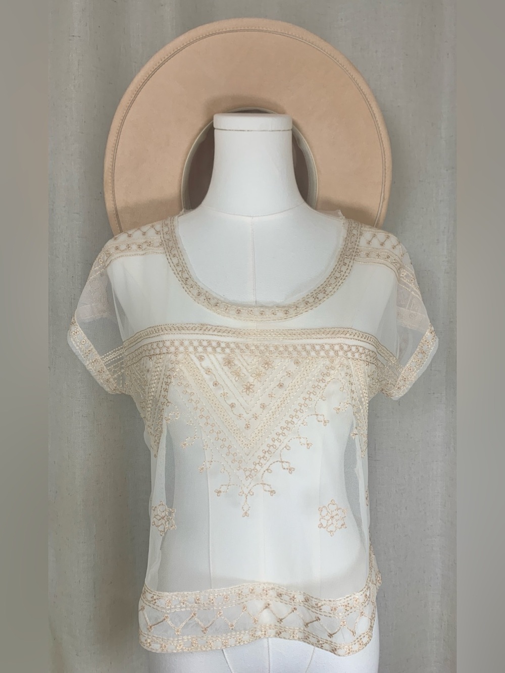 Free People Ivory Embroidered Sheer Mesh Boho Top Romantic Festival